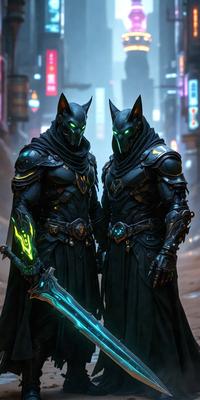 The primary subject of the image is a pair of characters, likely from a video game, dressed in black and wearing masks. They are standing next to each other, possibly in a city setting. The visual style of the image is digital art, with the characters appearing to be drawn or rendered. The colors and mood of the image are dark and mysterious, with the characters' masks and costumes contributing to the overall atmosphere.
